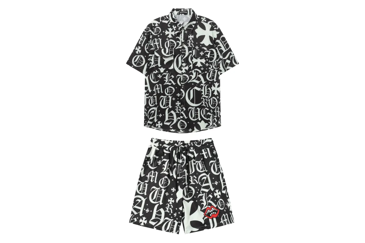 Chrome Hearts Cross Silk Shirt Shorts Black Set Flaming Lips