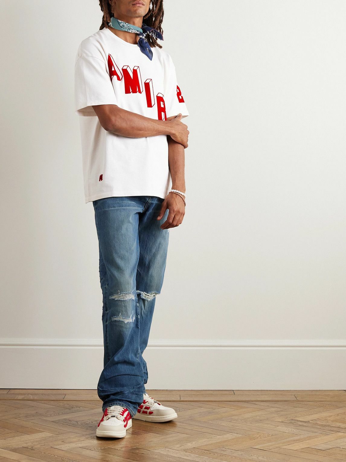 Amiri Logo Flocked Felt Trimmed Cotton Jersey T-Shirt White
